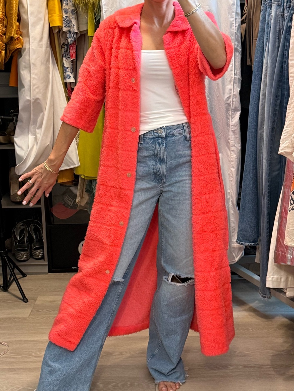 Vintage 60s 70s Fabulous Loungewear Coral Plush Hostess Robe Maxi L